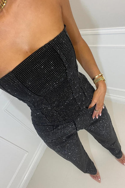 Damen Jumpsuit Trägerlos Glitzer Abendmode