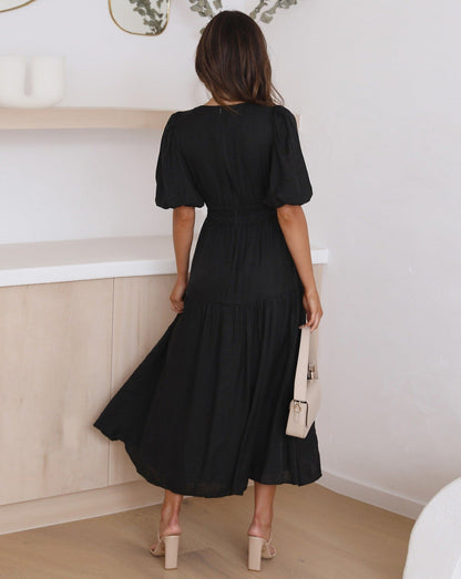 Damen Sommer-Midikleid V-Ausschnitt Puffärmel Einfarbig Elegant