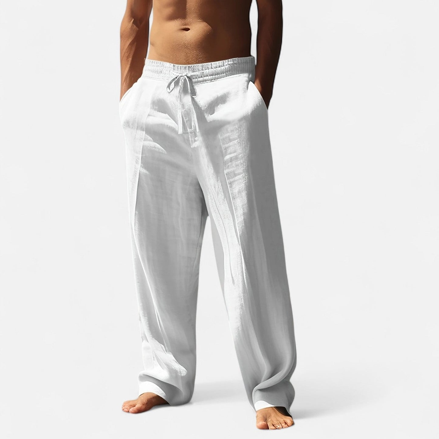 Herren Leinenhose Lockerer Schnitt Elastischer Bund Beige