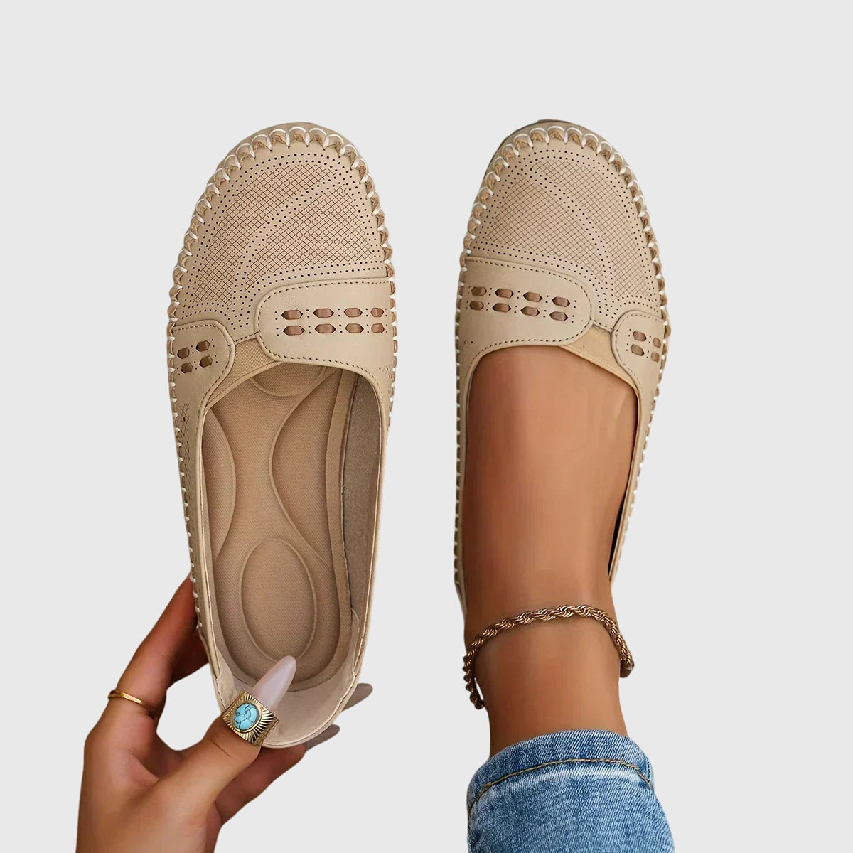 Damen Lässige Loafer Perforiert Beige - Eveloria