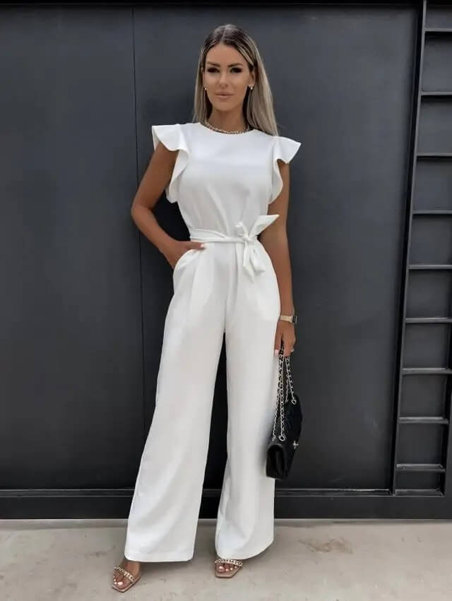 Damen Jumpsuit Schmetterlingsärmel Mit Bindegürtel