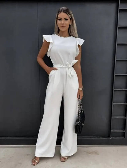 Damen Jumpsuit Schmetterlingsärmel Mit Bindegürtel