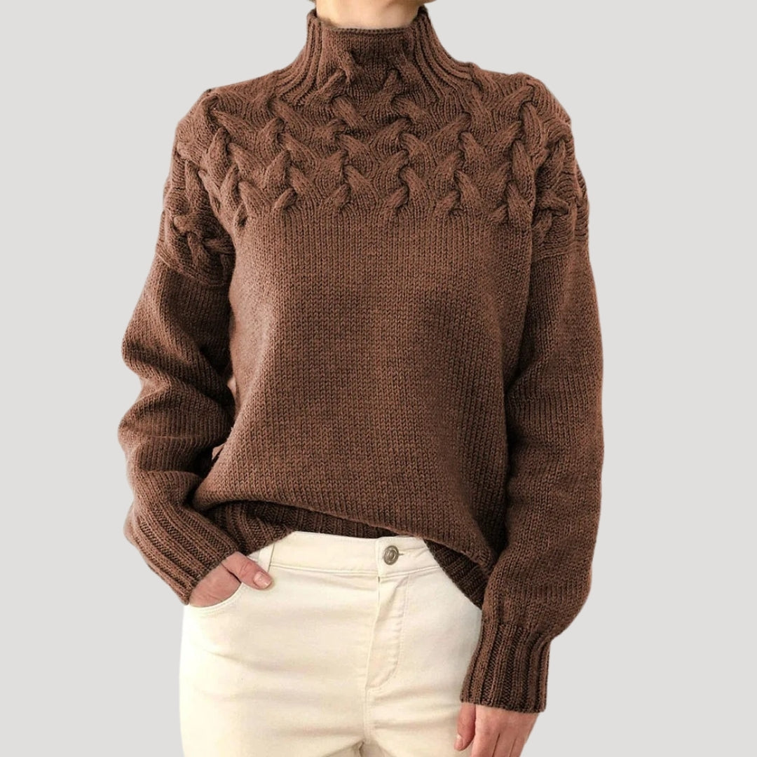 Damen Strickpullover Zopfmuster Hochkragen Beige
