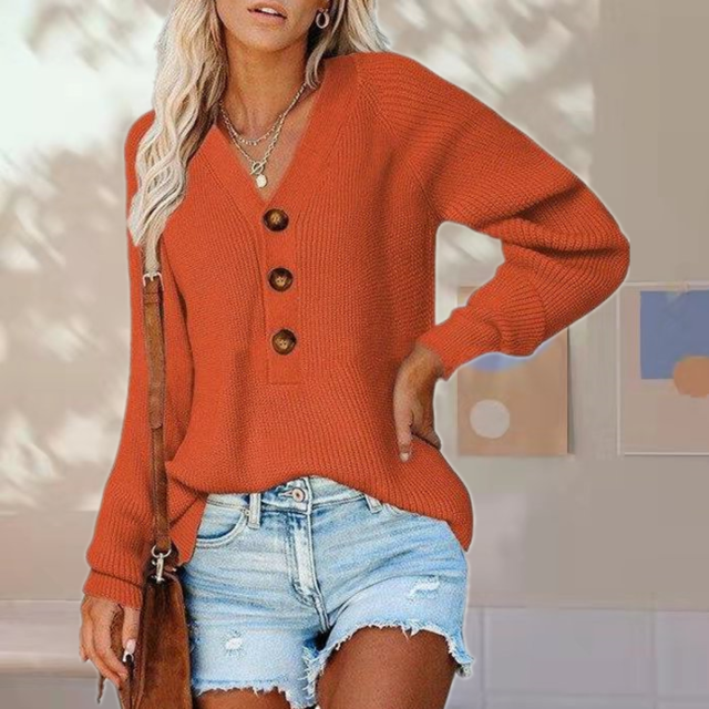 Damen Strickpullover V-Ausschnitt Teil-Knopfleiste
