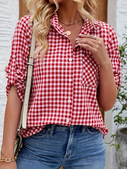 Damen Karobluse Umlegekragen Knopfleiste Elegante Bürobluse - Eveloria