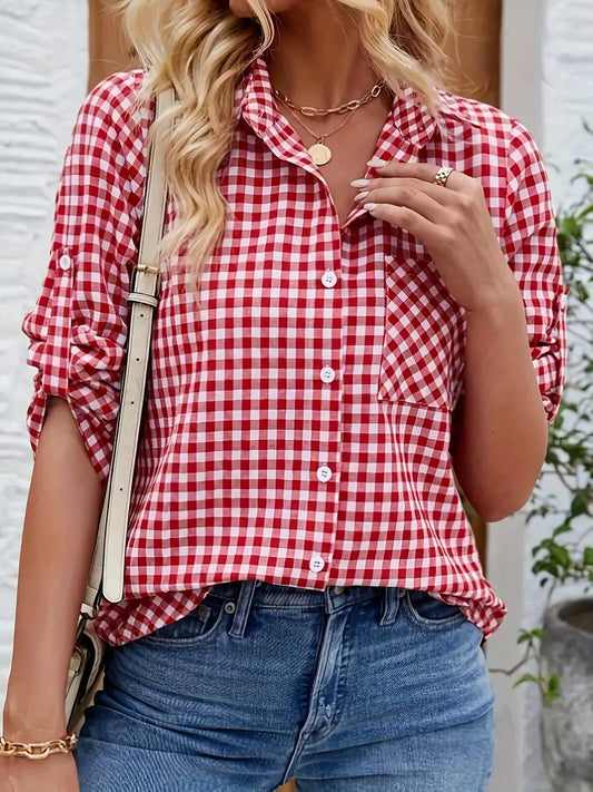 Damen Karobluse Umlegekragen Knopfleiste Elegante Bürobluse - Eveloria