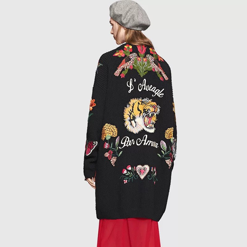 Damen Strickjacke Florales Design Hochwertige Knöpfe Beige