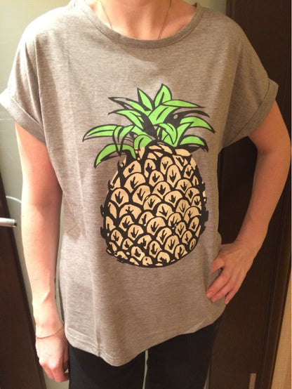 Damen T-Shirt Ananas-Motiv Leicht Baumwolle Weiß