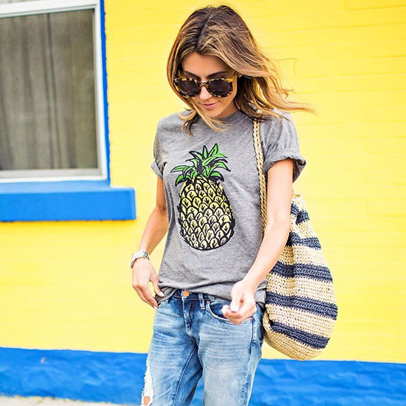Damen T-Shirt Ananas-Motiv Leicht Baumwolle Weiß