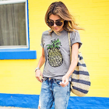 Damen T-Shirt Ananas-Motiv Leicht Baumwolle Weiß