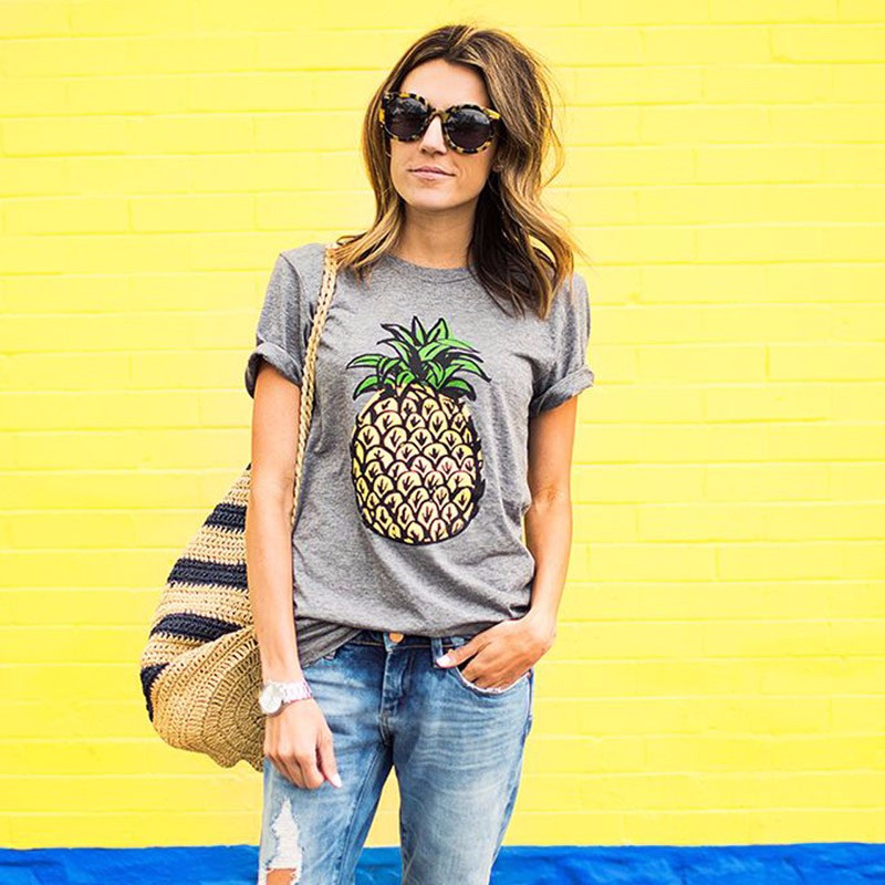 Damen T-Shirt Ananas-Motiv Leicht Baumwolle Weiß - Eveloria