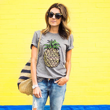 Damen T-Shirt Ananas-Motiv Leicht Baumwolle Weiß - Eveloria