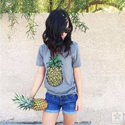 Damen T-Shirt Ananas-Motiv Leicht Baumwolle Weiß
