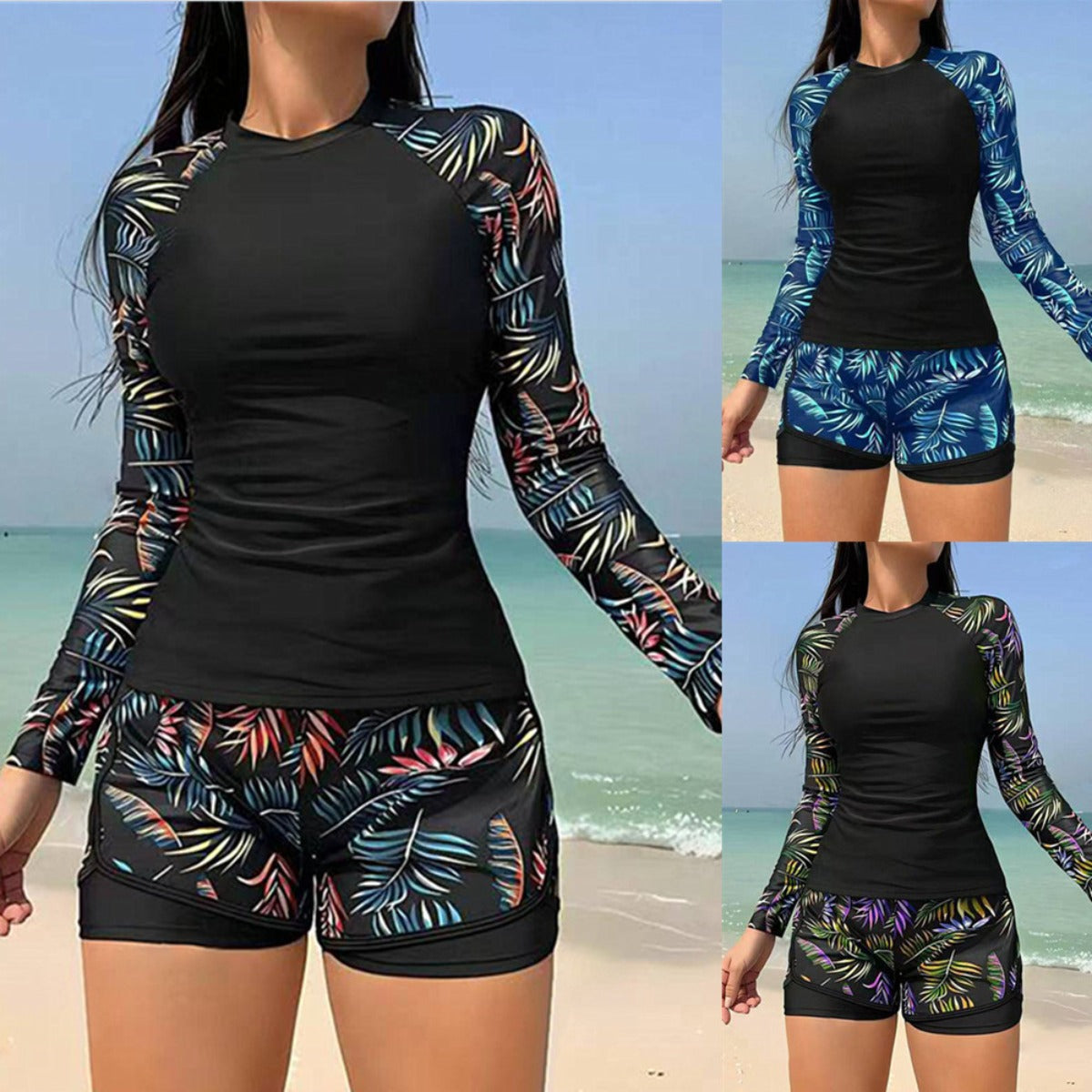 Damen Tankini Badeanzug Langarm Doppelhose Schwarz - Eveloria