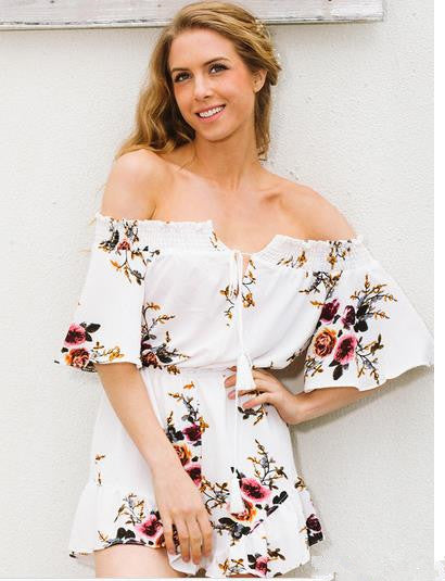 Damen Off-Shoulder-Playsuit Florales Design Rüschendetails - Eveloria