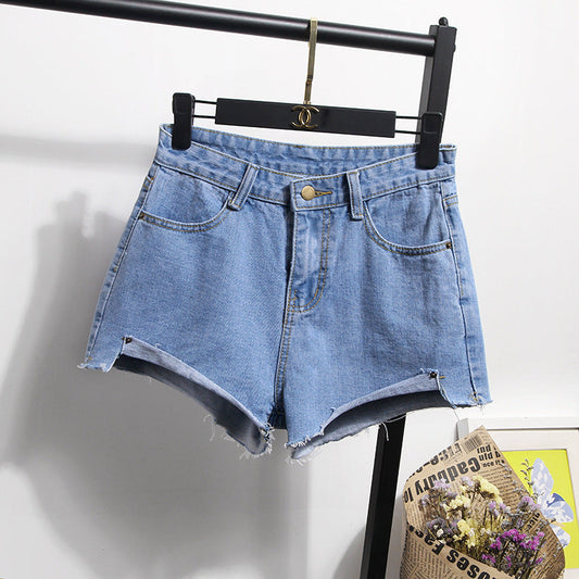 Damen Jeansshorts Hochbund Fransensaum Blau Eveloria - Eveloria