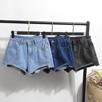 Damen Jeansshorts Hochbund Fransensaum Blau Eveloria
