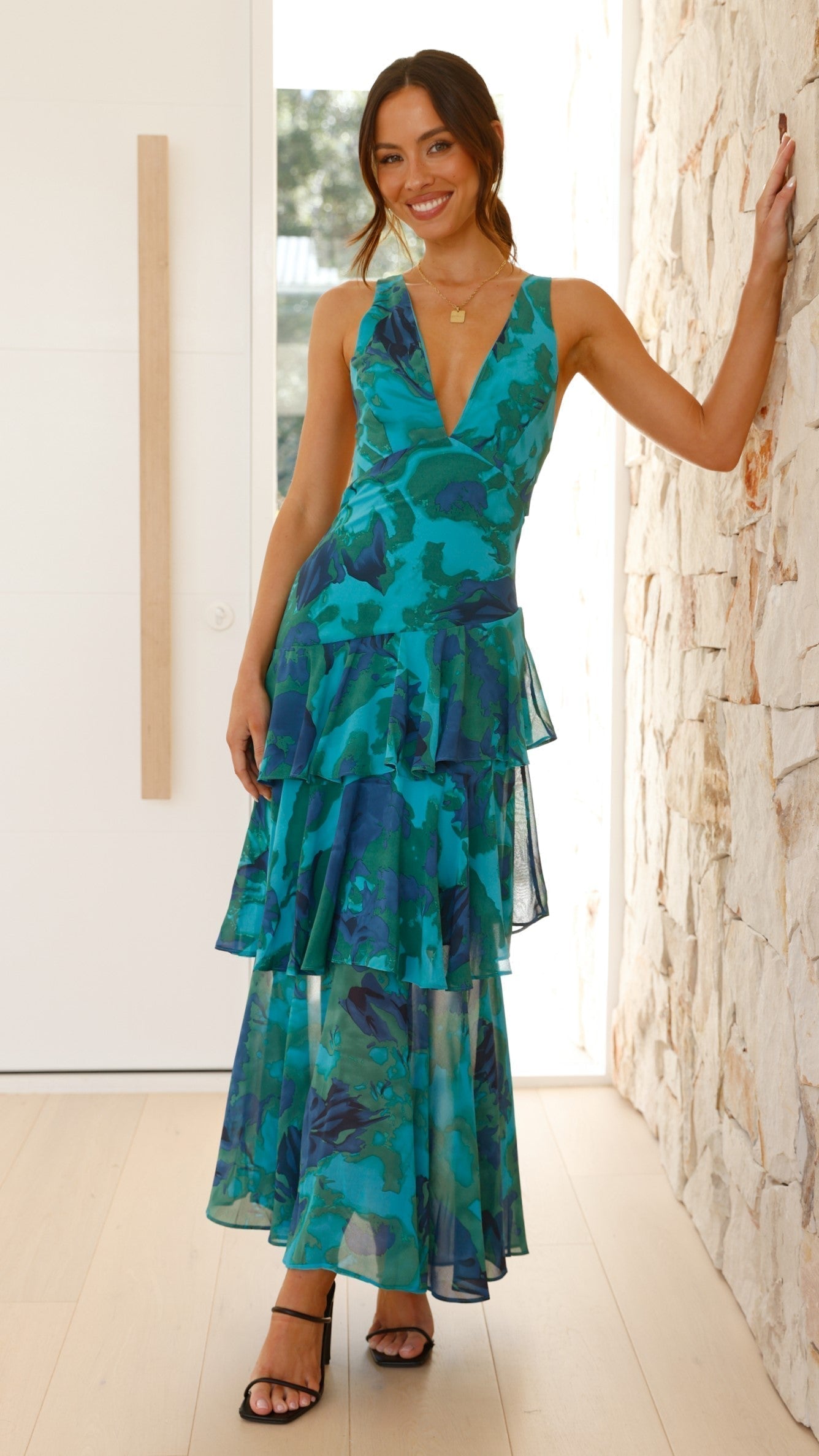 Cany Damen Maxikleid Blumenmuster V-Ausschnitt Stufenrock
