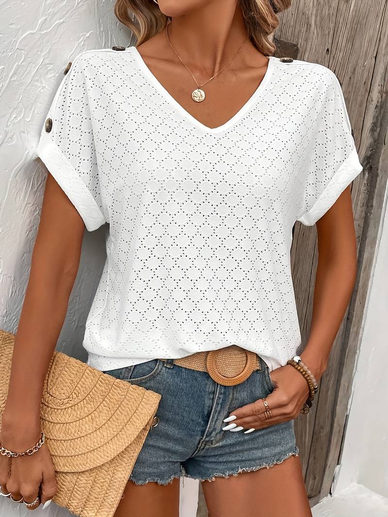 Eveloria Damen T-Shirt Ösenknopf V-Ausschnitt