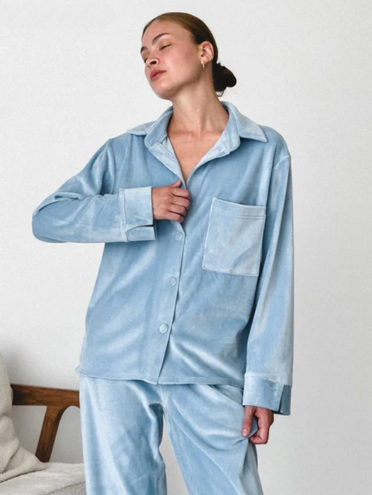 Damen Pyjama Set Blau Zweiteiler mit Knöpfen
