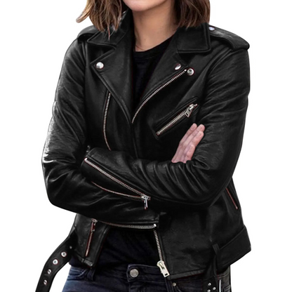 Eveloria Damen Bikerjacke Leder Gürtel