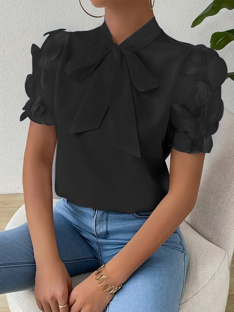 Damen Elegante Bluse Schleifendetail Transparente Ärmel
