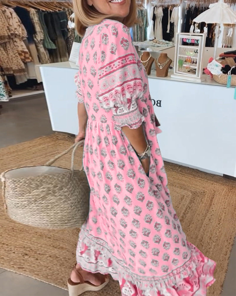 Eveloria Damen Kleid V-Ausschnitt Halbärmlig Bedruckt
