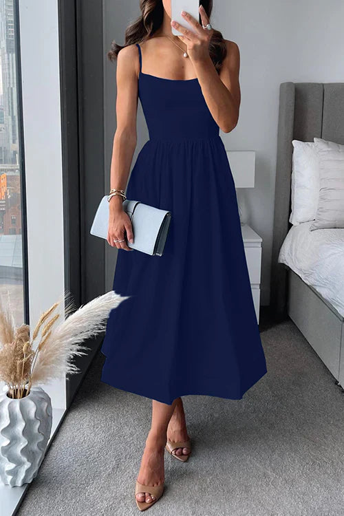 Eveloria Damen Midi Kleid Tailliert Spaghetti-Träger