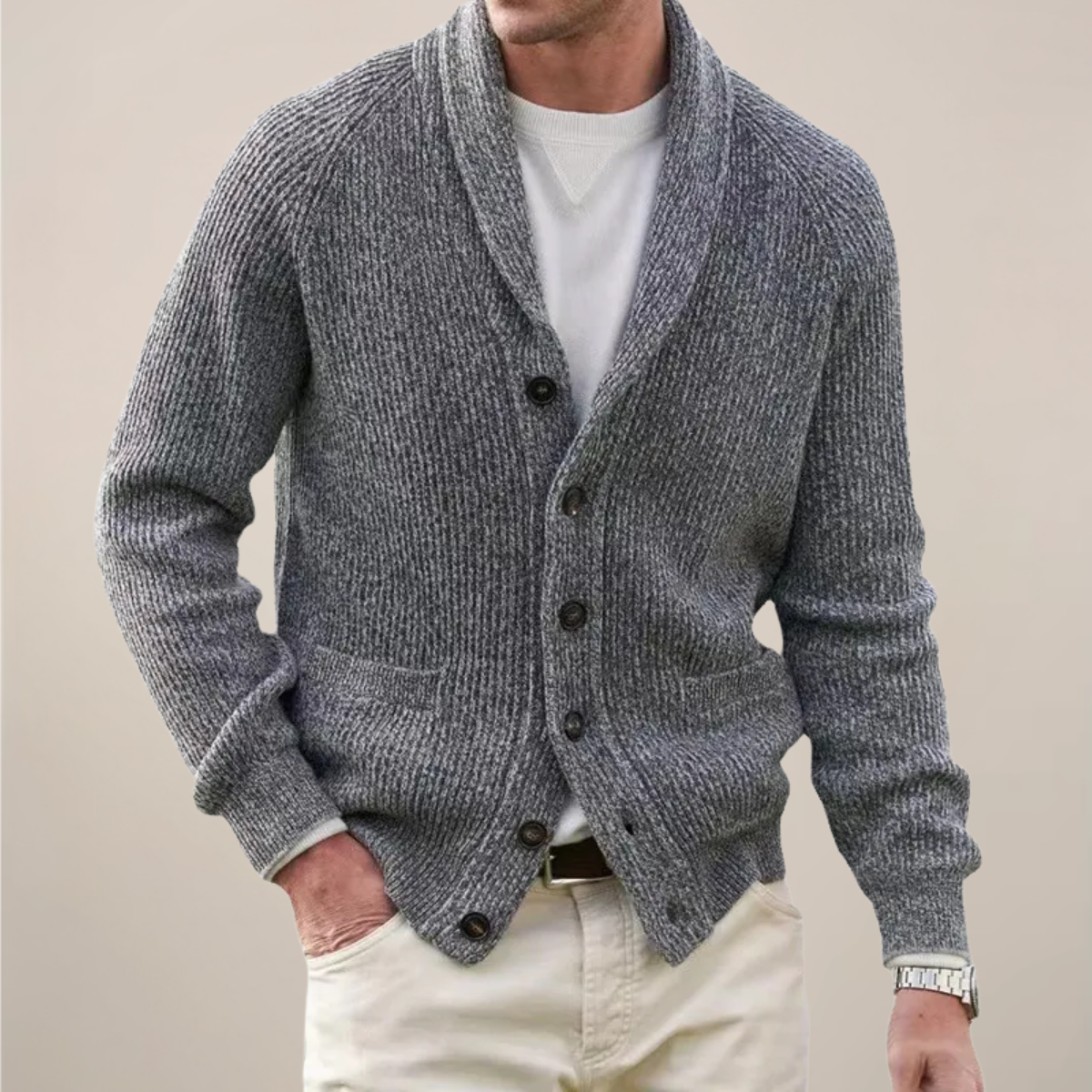 Herren Strickjacke Schalkragen Knopfleiste Beige