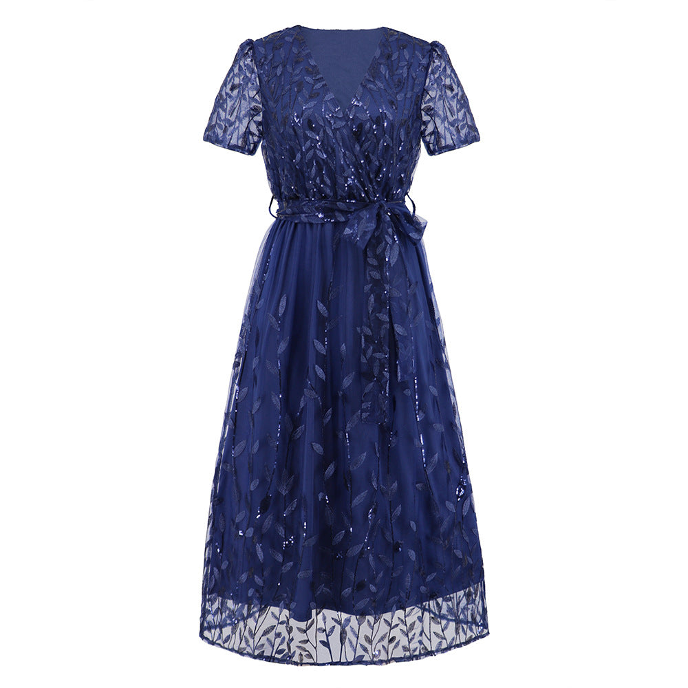 Eveloria Damen Midi Kleid V-Ausschnitt Gürtel Kurzärmelig