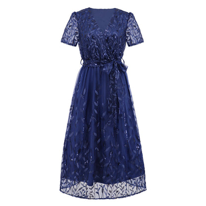 Eveloria Damen Midi Kleid V-Ausschnitt Gürtel Kurzärmelig