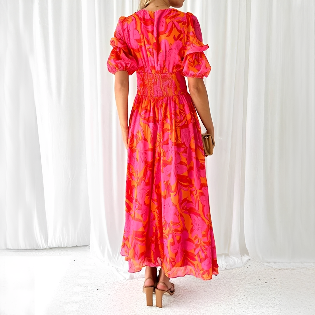 Damen Maxikleid V-Ausschnitt Puffärmel Elegant Lang