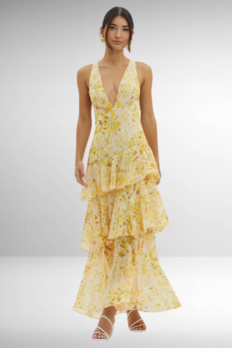 Damen Geblümtes Maxikleid Elegantes Stufenkleid