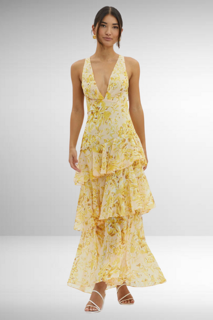 Damen Geblümtes Maxikleid Elegantes Stufenkleid