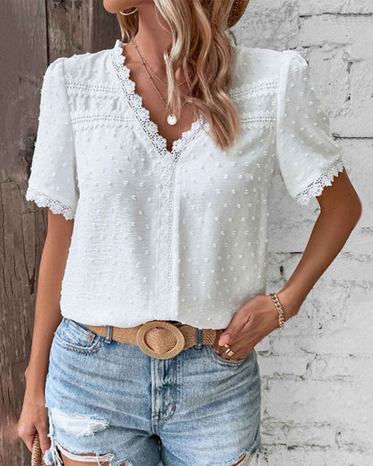 Damen Spitzen-Shirt Weiß V-Ausschnitt Kurzarm
