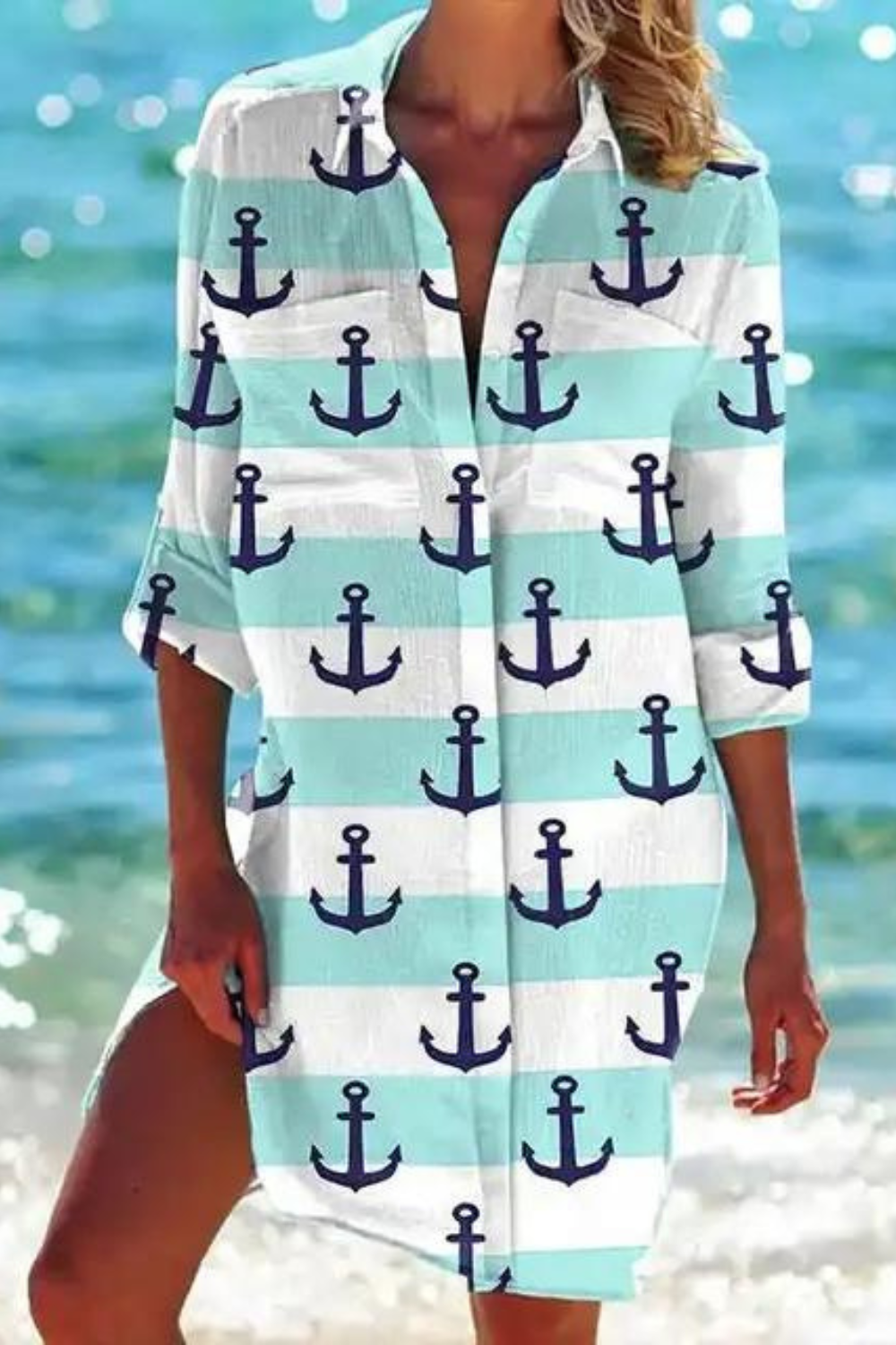 Eveloria Damen Strandbluse Meeresmotiv Lang