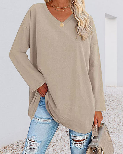 Eveloria Damen Langarm T-Shirt V-Ausschnitt Einfarbig