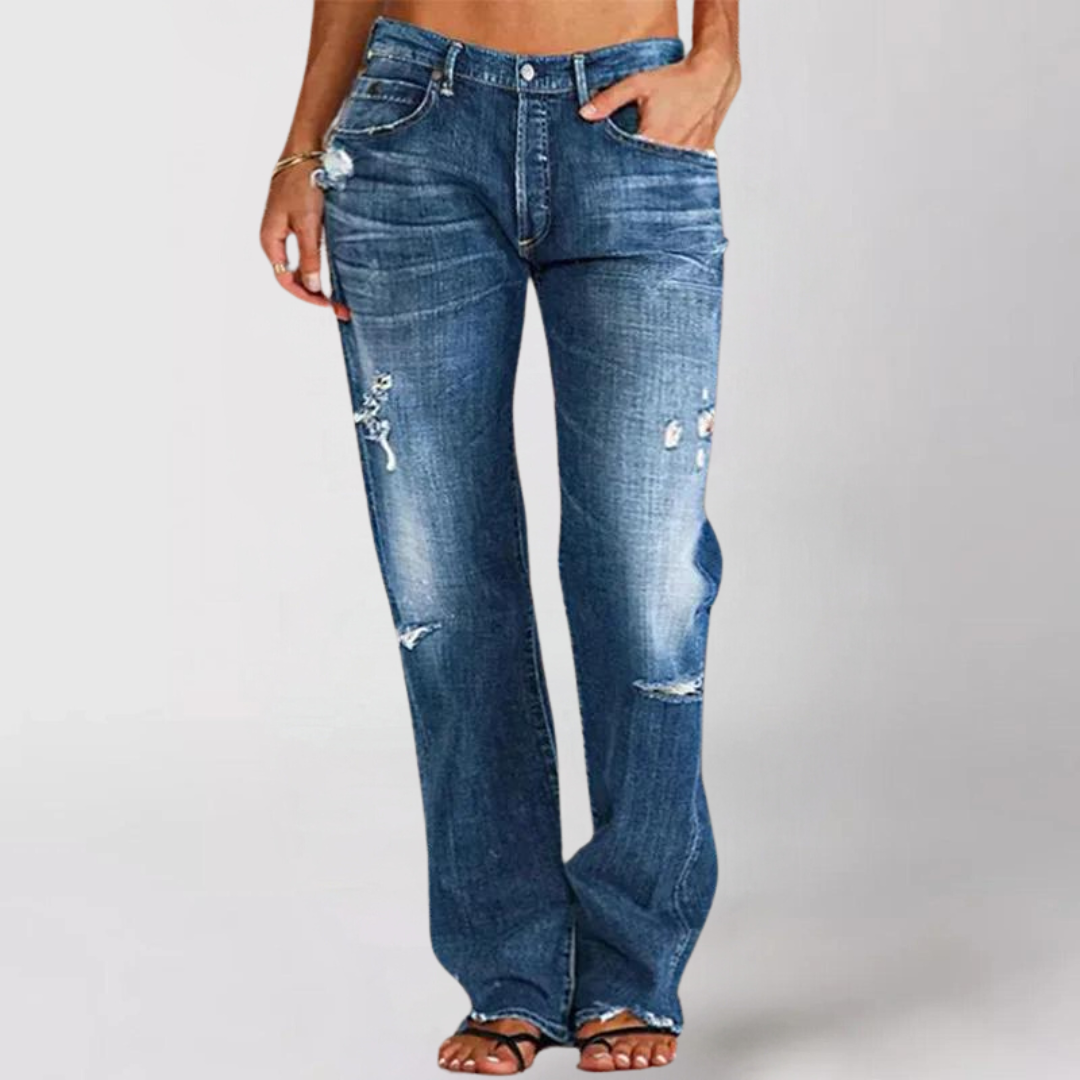 Damen High-Waist Straight Jeans Destroyed dunkelblau