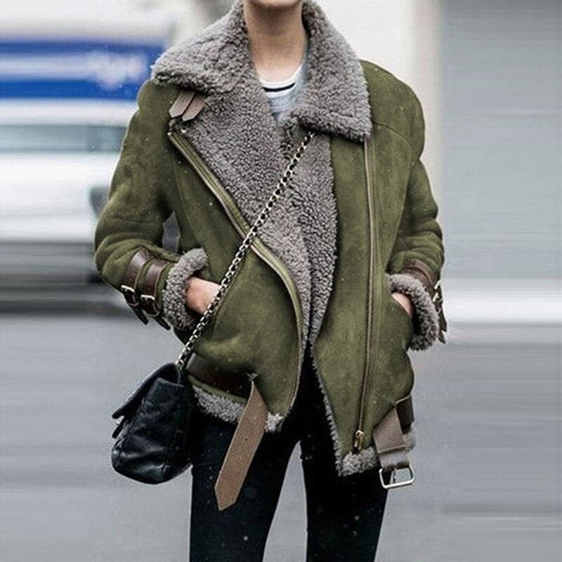 Damen Aviator Jacke Oversized Kunstfell-Futter Reißverschluss