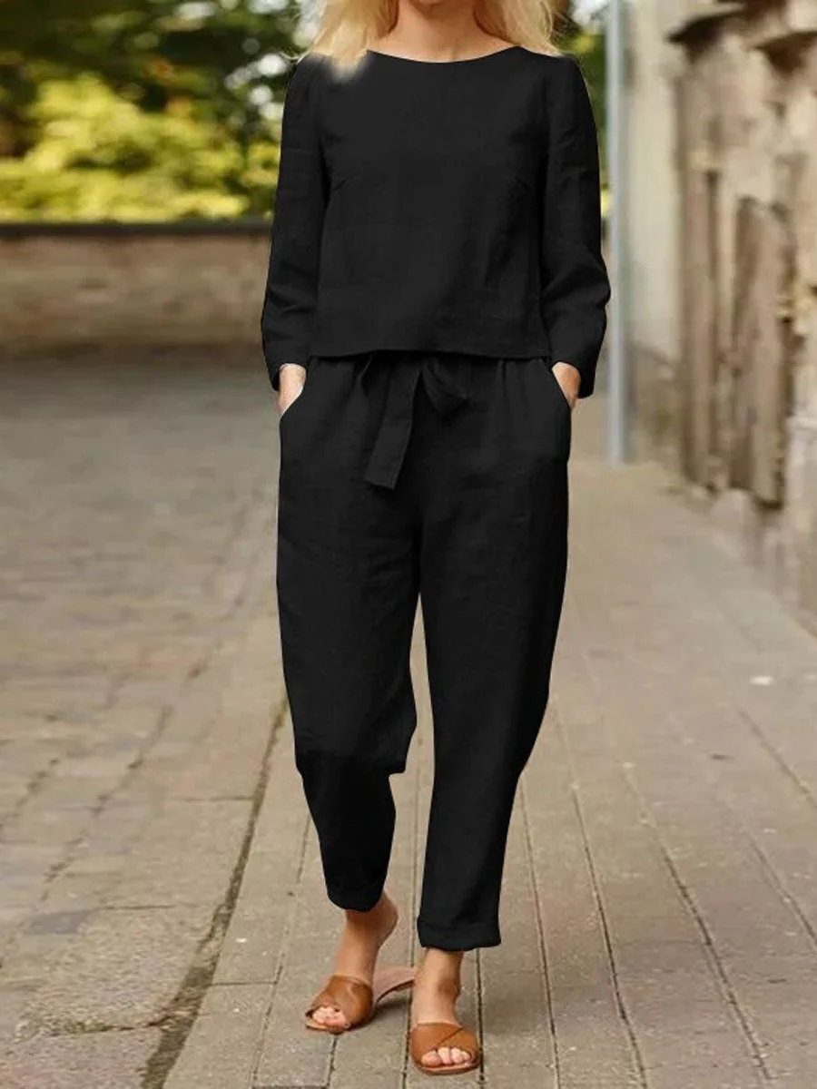 Damen Freizeit-Set Langärmliges Oberteil Gürtelhose
