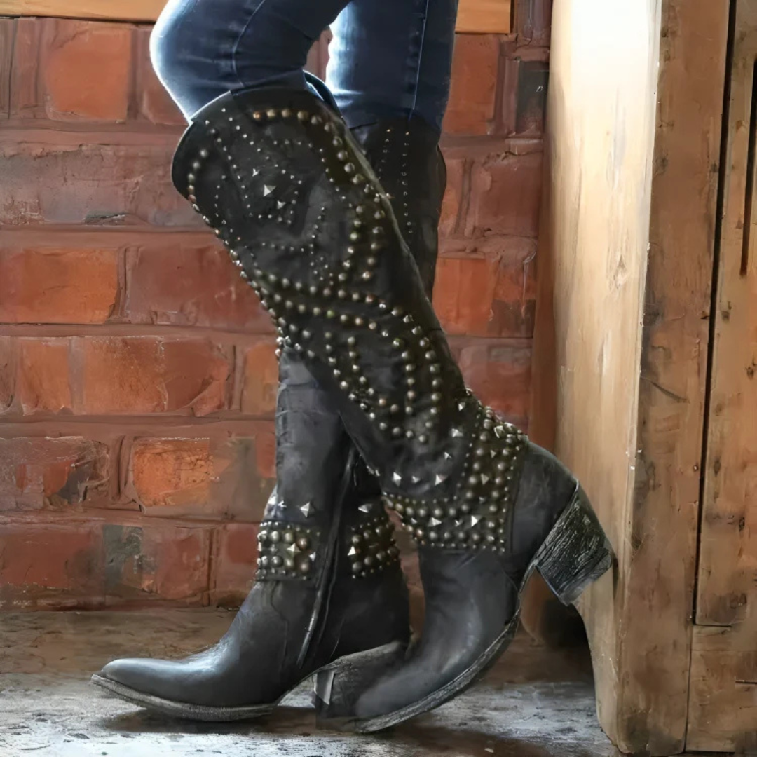 Damen Nieten Stiefel Kniehoch Blockabsatz