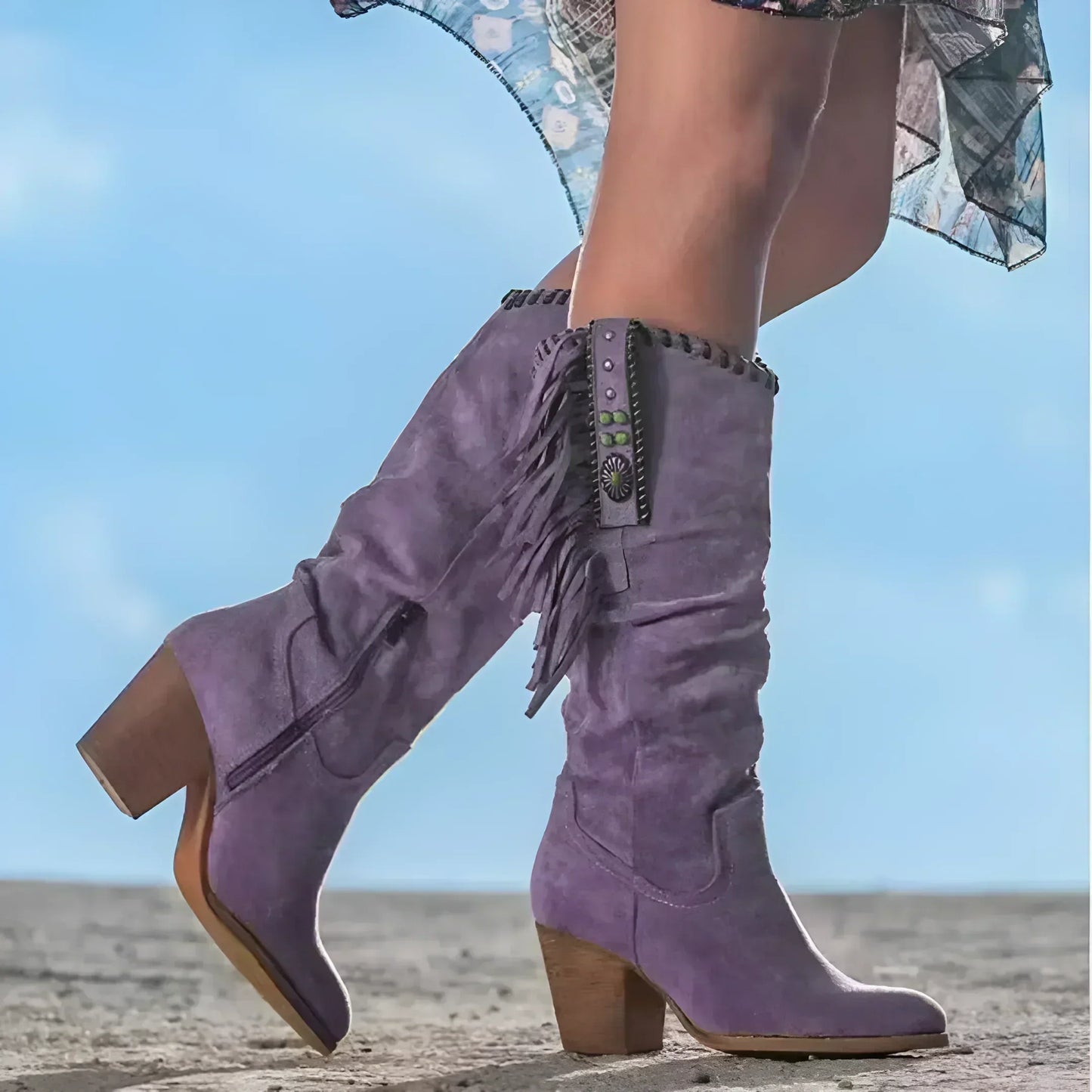 Damen Western-Stiefel Fransen Klobiger Absatz