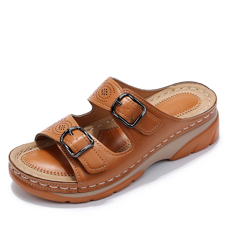 Damen Keilsandalen Leder Mit Verstellbaren Schnallen