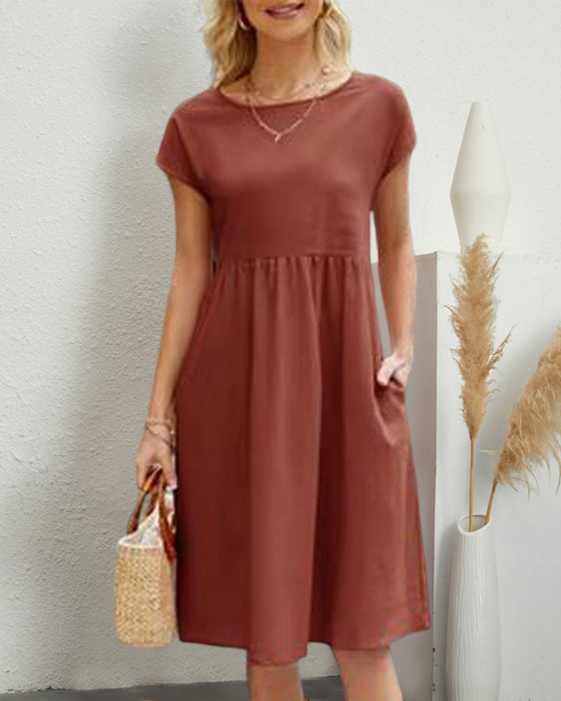 Damen Sommerkleid Uni-Farben Rundhalsausschnitt Kurzarm Midi-Länge
