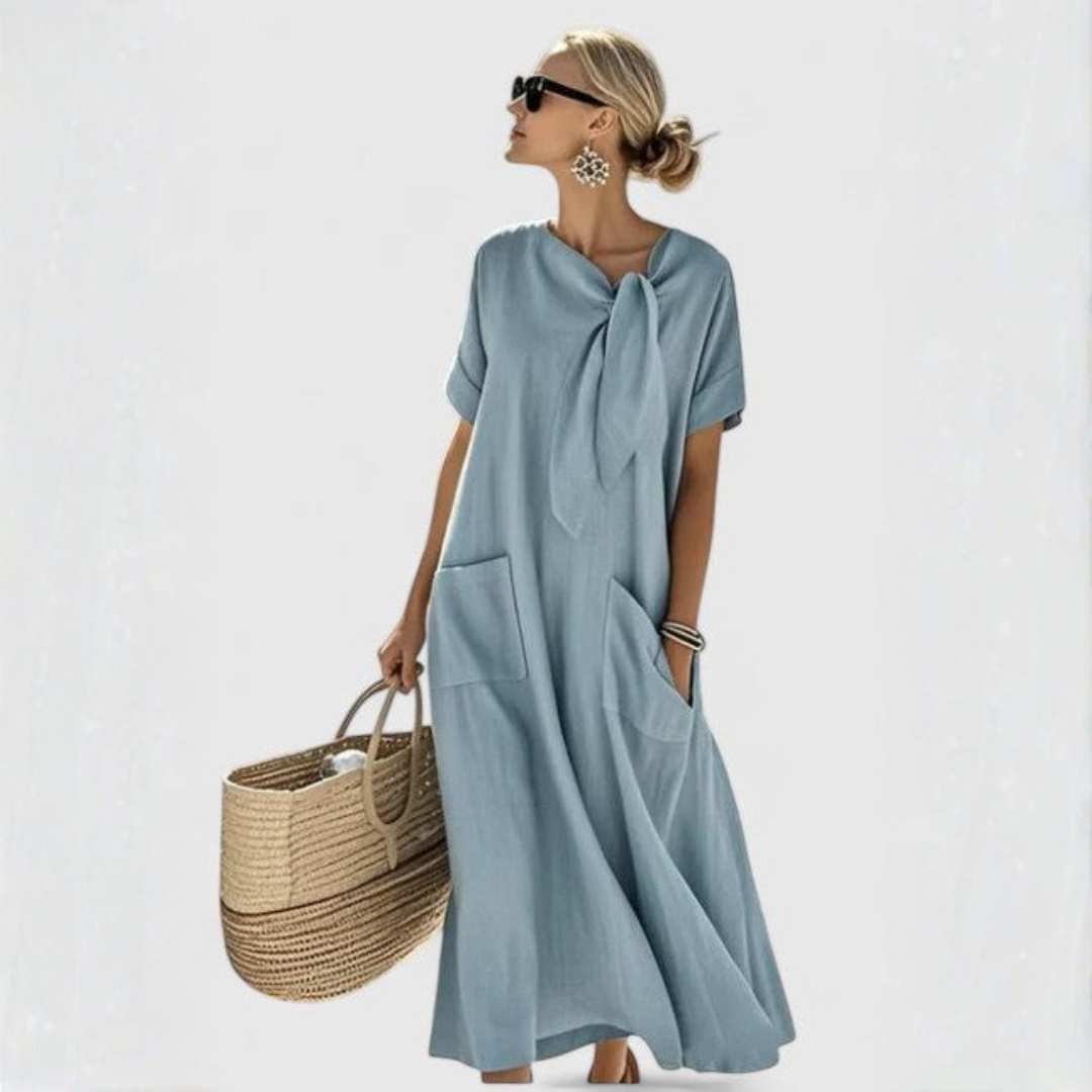 Elisa Damen Midi Kleid mit Bindekragen und Taschen Leicht Lockeres - Eveloria