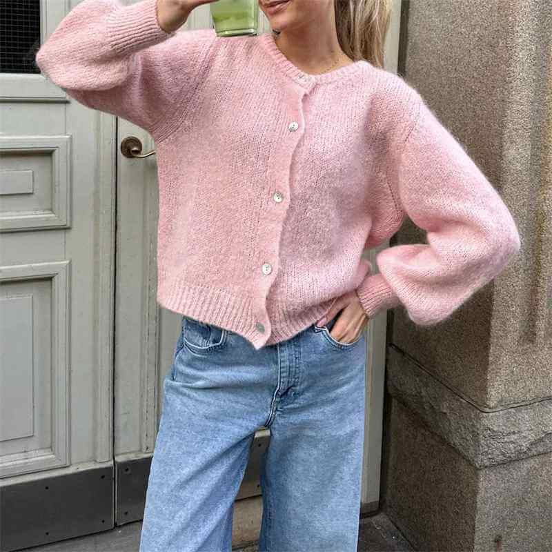 Damen Strickcardigan Weich Knöpfe Beige