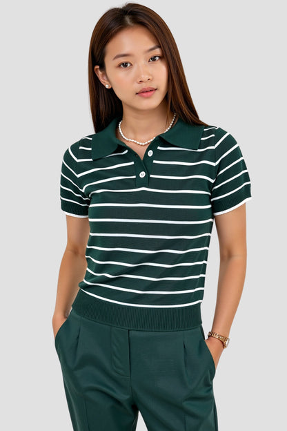 Damen Polo-Shirt Gestreift Dunkelgrün - Norvielle