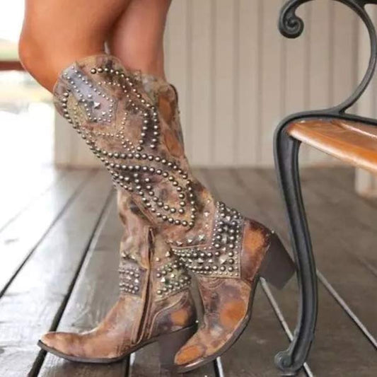 Eveloria Damen Lederstiefel Knöchelhohe Dicke Ferse Nieten Schwarz - Eveloria