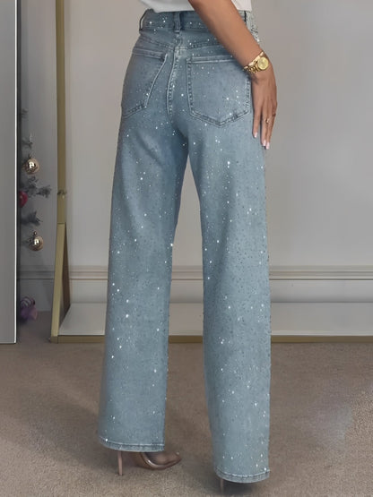 Damen High-Waist Jeans Glitzerdetails Darkblau