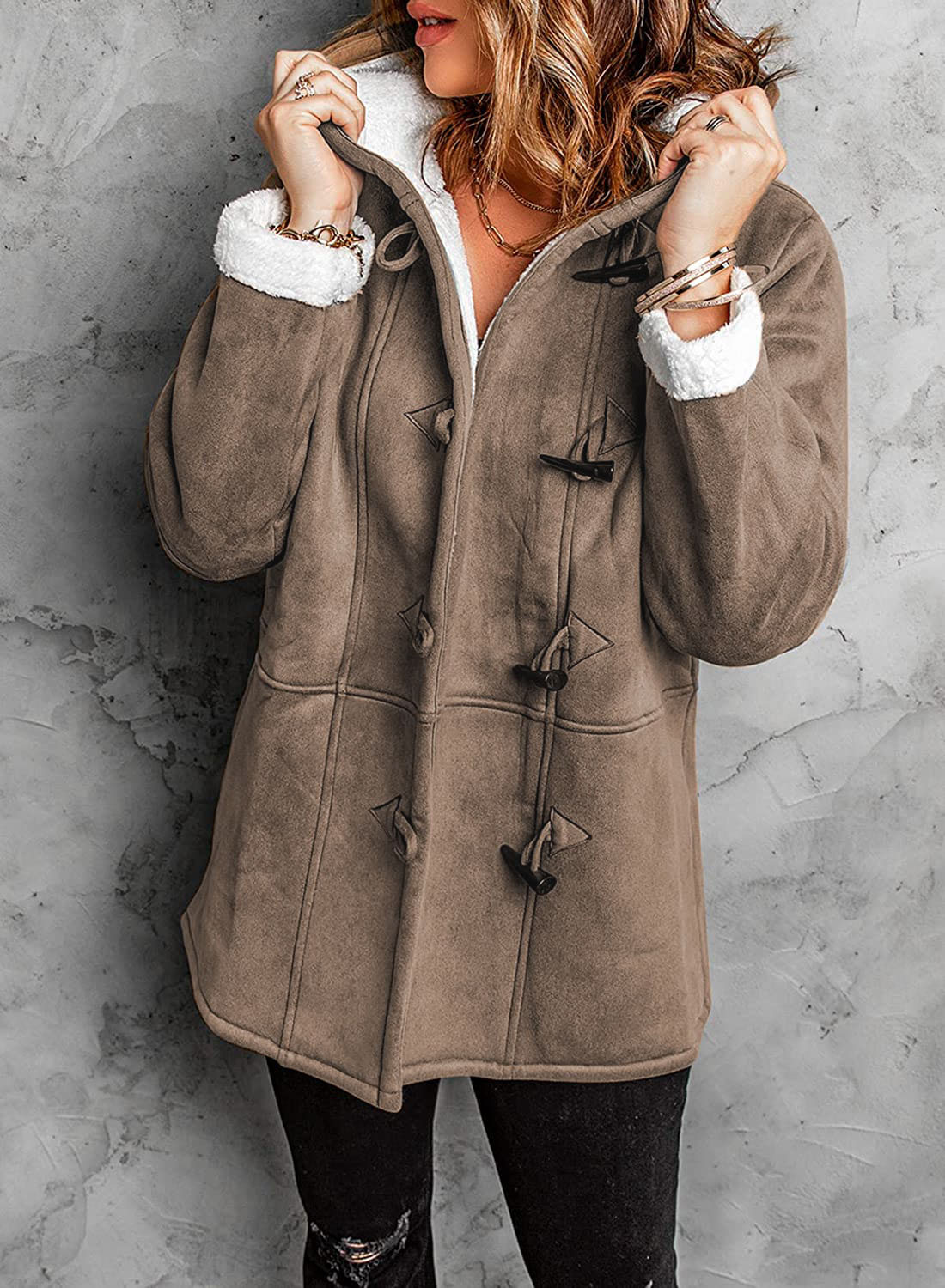 Régine Damen Wintermantel Kapuze Fleece Wildlederoptik